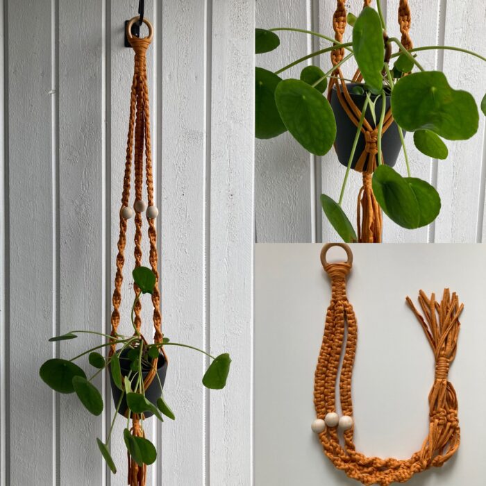Brandgul ampel med träpärlor - 90 cm